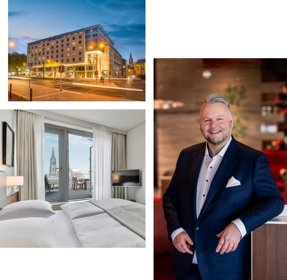 hotel_dorint Eine Collage, die ein Hotel in der Abenddämmerung, ein modernes Hotelzimmer mit Blick auf die Stadt und einen lächelnden Mann im Anzug zeigt, der in einem Raum mit warmer Beleuchtung steht.