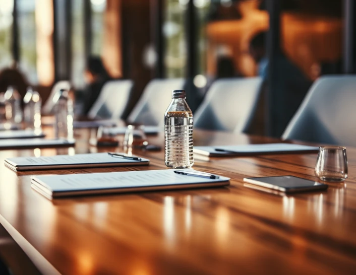 Nahaufnahme eines Konferenztisches mit Notizbüchern, Stiften, einer Wasserflasche, Gläsern und einem Smartphone, mit leeren Stühlen und einem verschwommenen Bürohintergrund.