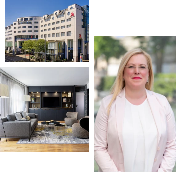 hotel_marriott_basel Eine Collage mit einem großen Hotelgebäude, einem modernen Wohnzimmer mit Sofas und einem Fernseher sowie einer Frau mit langen blonden Haaren, die eine Brille und einen hellrosa Blazer trägt und im Freien posiert.