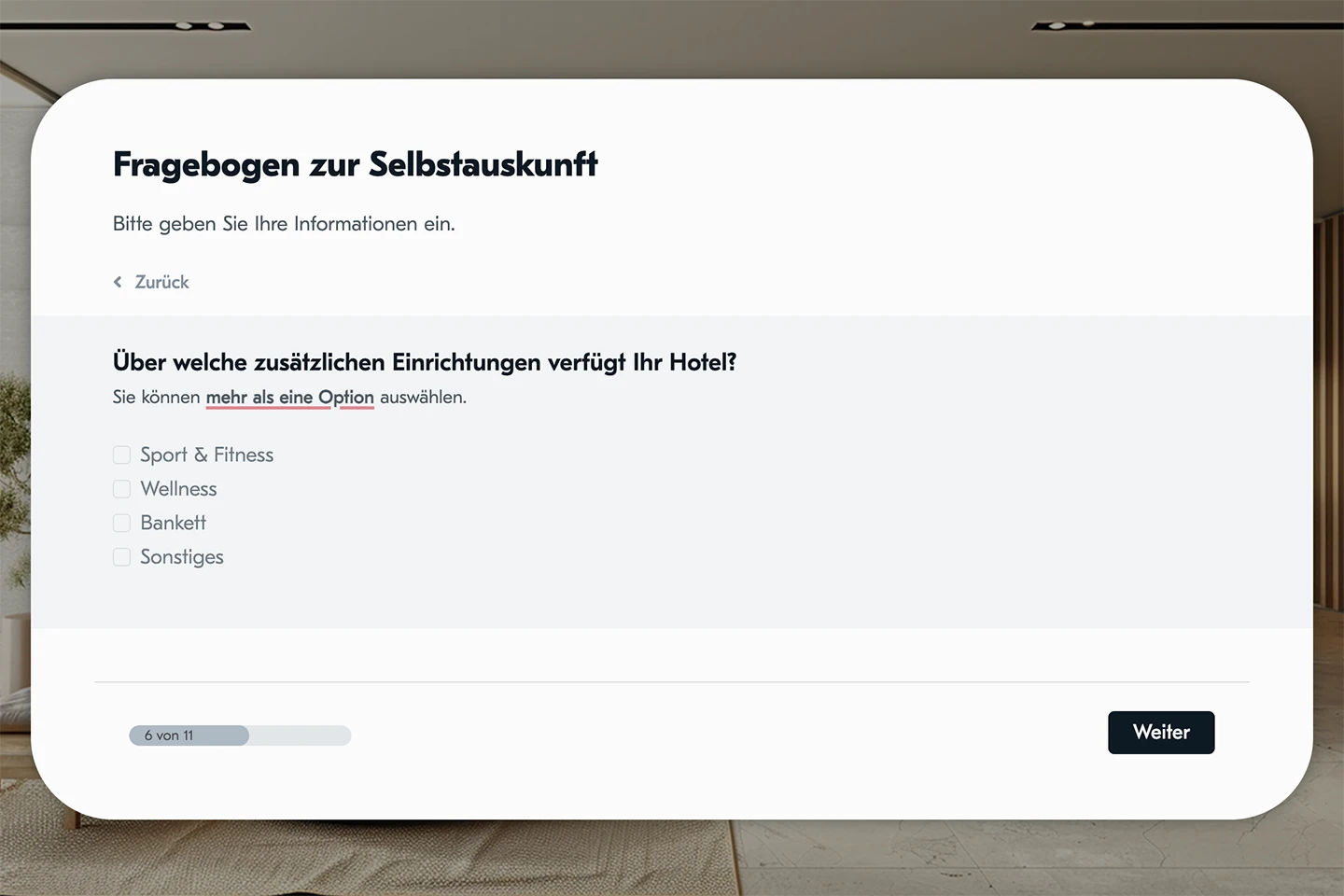 screenshot_selbstauskunft Ein beispielhaftes Bild eines Fragebogens in deutscher Sprache. Es wird gefragt, welche zusätzlichen Einrichtungen das Hotel anbietet.